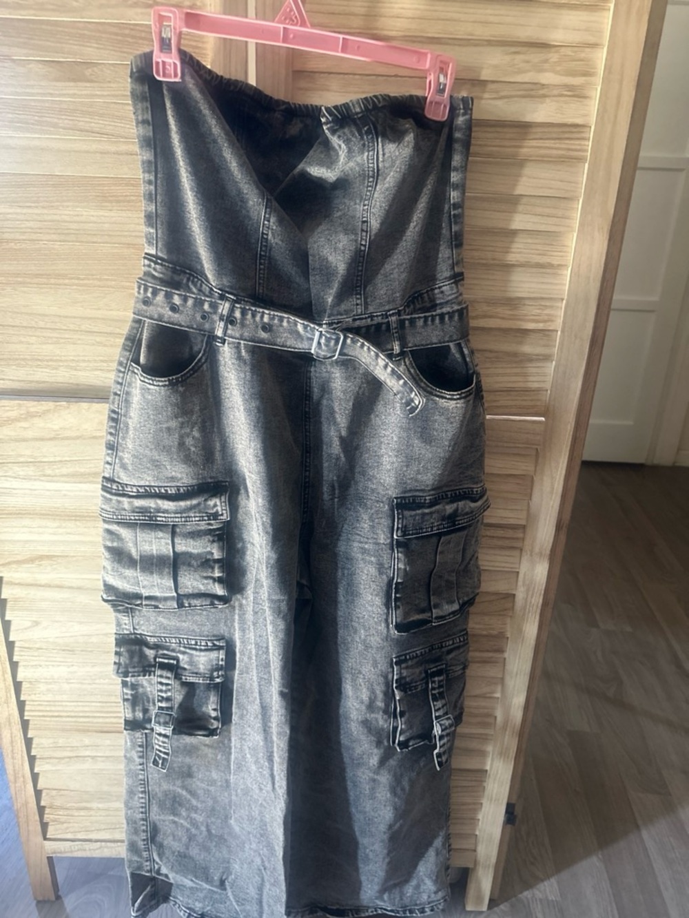 Strapless Washed Black Denim Cargo Jumpsuit